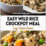 Creamy slow cooker wild rice and chicken casserole served in a white bowl